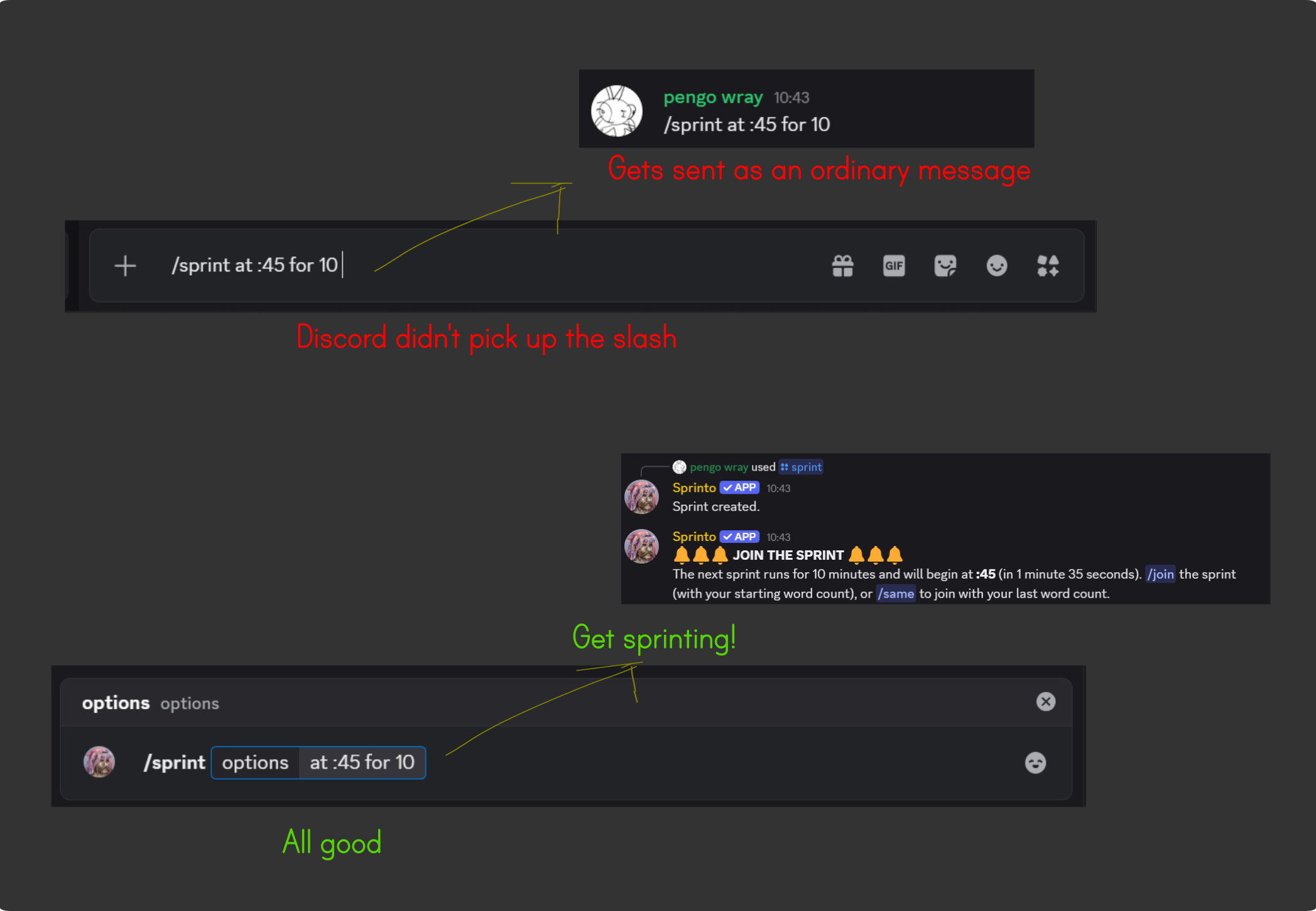 Slash commands that fail vs succeed