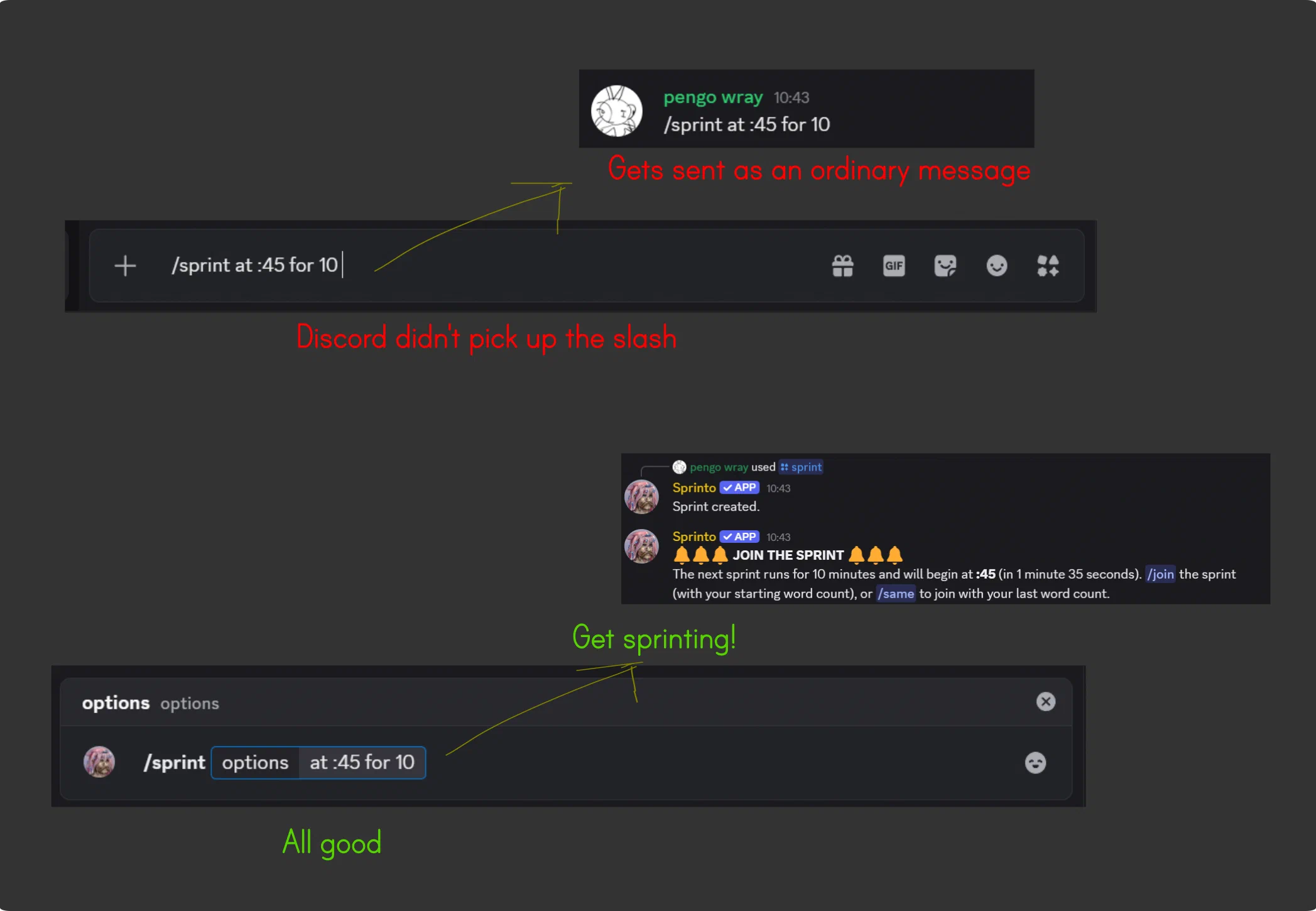 Slash commands that fail vs succeed